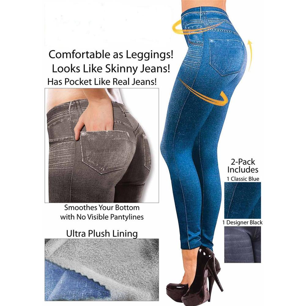 Lady's Denim Print Fake Jeans Look Like Leggings Seamles Sexy Stretchy High Waist Slim Skinny Jeggings with Pockets Full Length