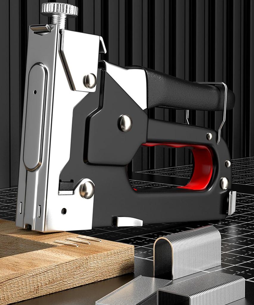 Heavy-duty manual stapler and hand stapler set with U-, I-, and U-shaped staplers. Ideal for DIY projects, wiring, and wood backing. Includes a staple