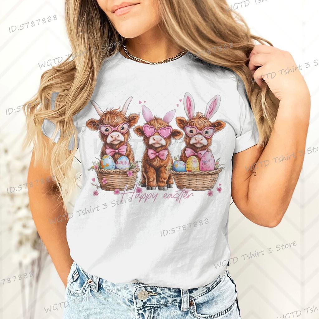 Happy Easter Day T-shirt Female Easter Cute Highland Cow Graphic T Shirts Women Cute Cow Gift for Women Retro Easter Vibes Shirt