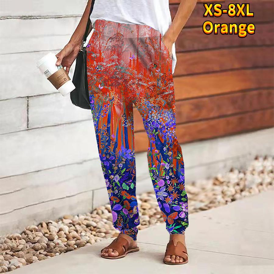 Women Forest Printing Pants Lace Up Elastic Waist Loose Trousers Casual Long Pants Trousers with Pockets