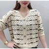New Fashionable and Simple Striped V-neck Single-breasted Sweater Hollow Out Slimming Versatile