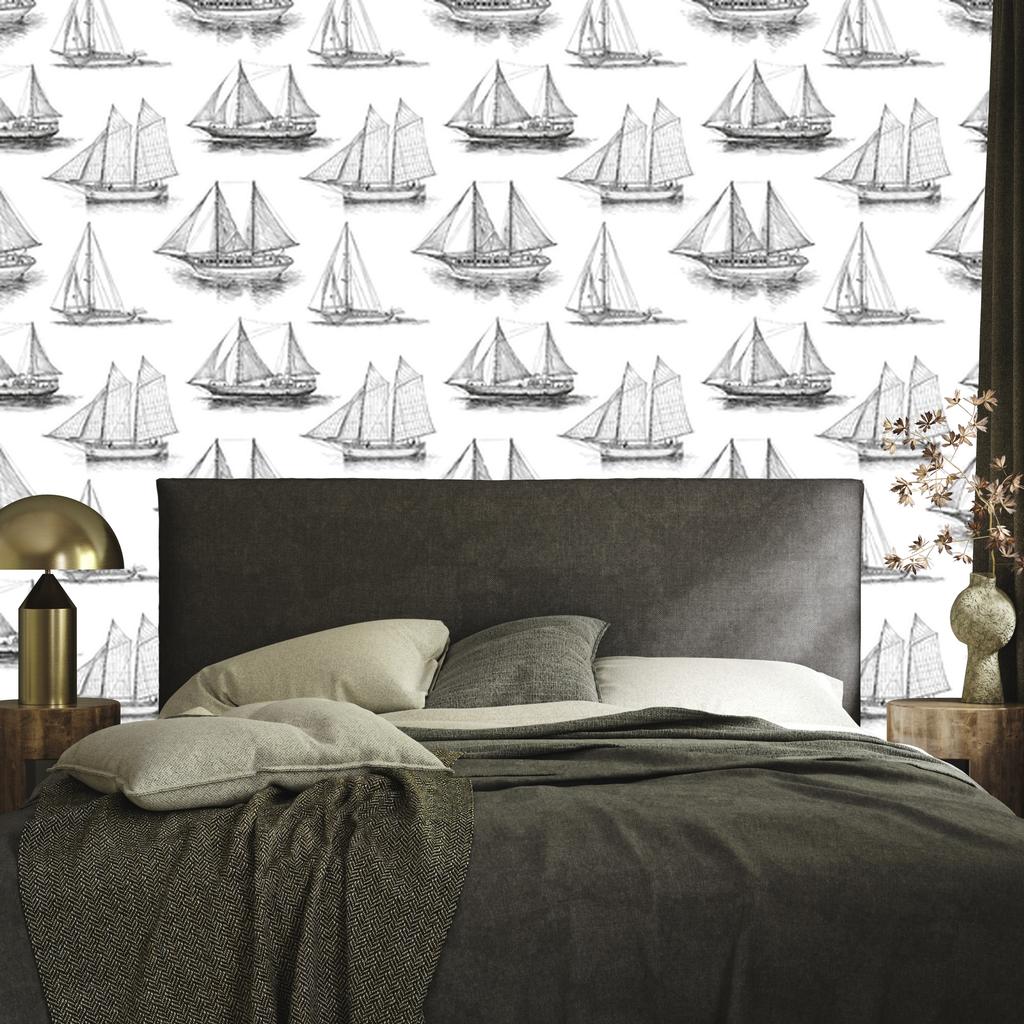 Black and white sailboat wallpaper for living room and bedroom 50x1000