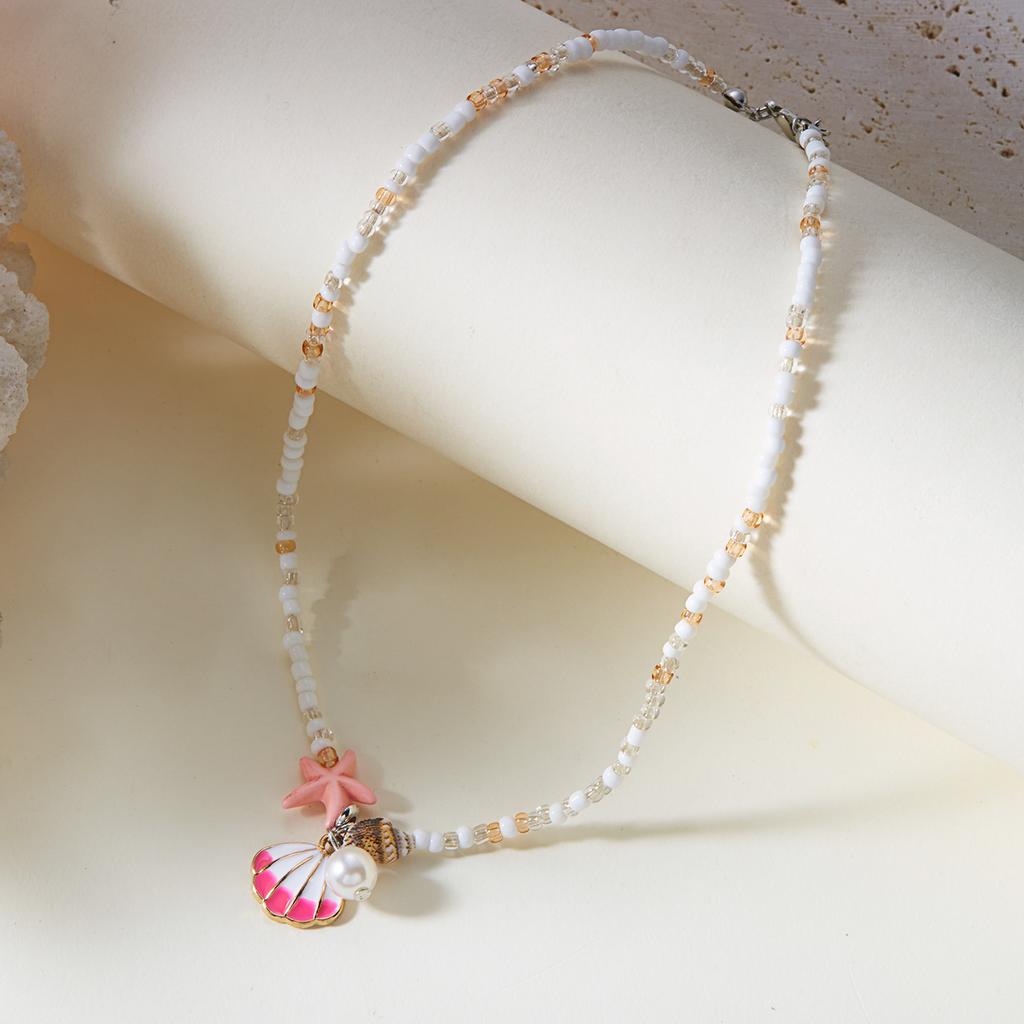 Simple Metal Shell Starfish Pendant Necklace for Women Bohemian Mixed Color Rice Beads Chain Necklace Beach Vacation Jewelry