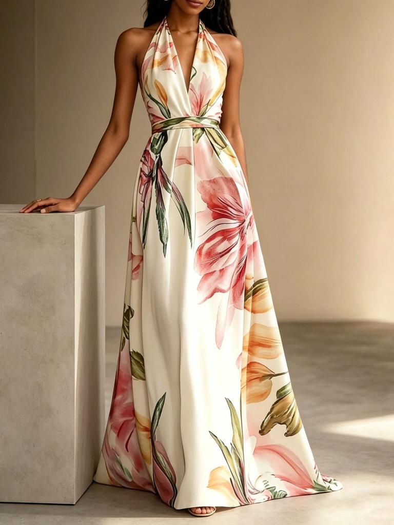 Summer Printing Neck Long Dress Backless Vacation Style Elegant Pendulum Lace-up Dress