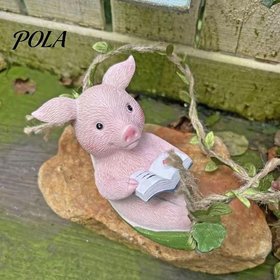 Waterproof Outdoor Ornament Hanging Resin Pig Figurine, Cute Piggy Lying in Hammock Reading Book Ornament, Animal Sculpture for Indoor Decor Wall