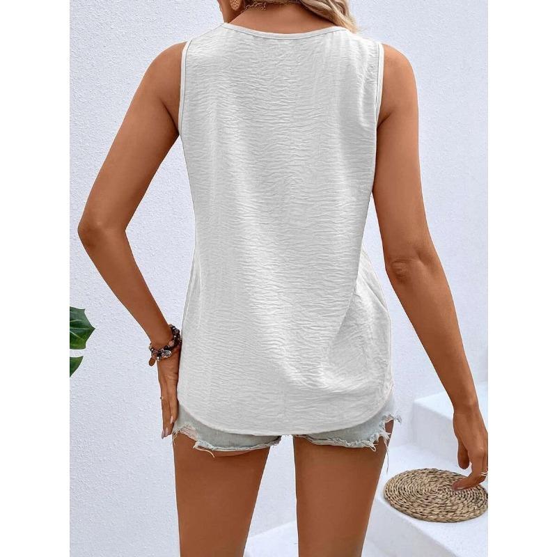 Summer New Women's V-neck Button-down Sleeveless Vest Solid Color Loose Casual T-shirt Top