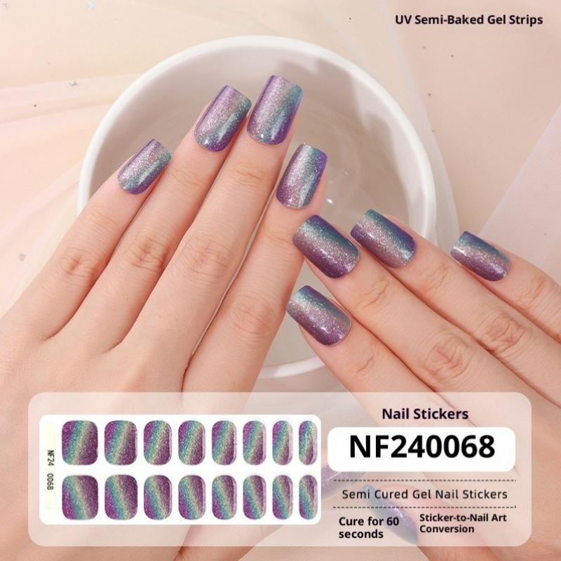 New Semi-cured Gel Nail Stickers, 16-finger Cat Eye Glitter UV Nail Stickers, Cured Under A UV Lamp.