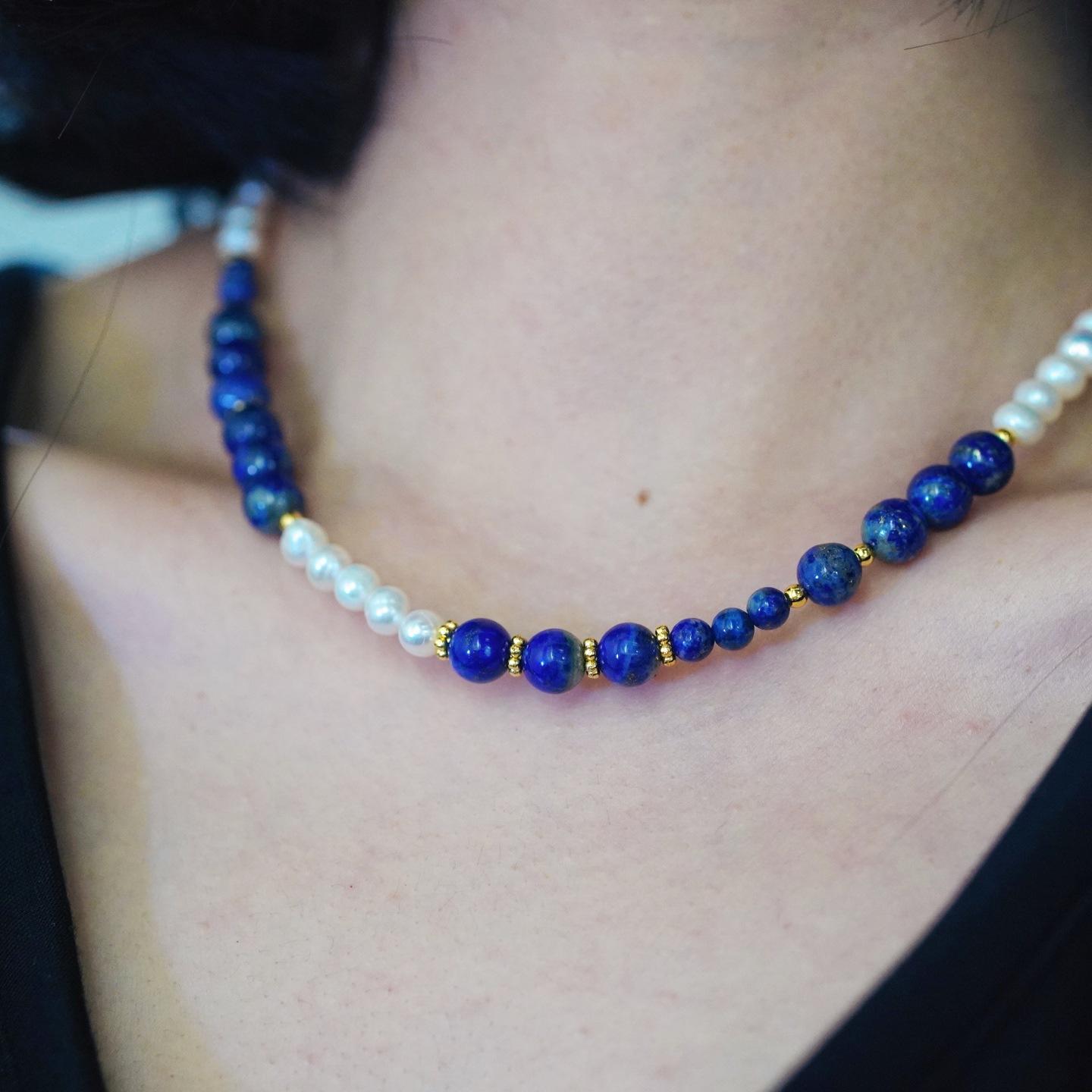 

Natural Freshwater Pearl Lapis Lazuli Design Sense Collarbone Chain Necklace