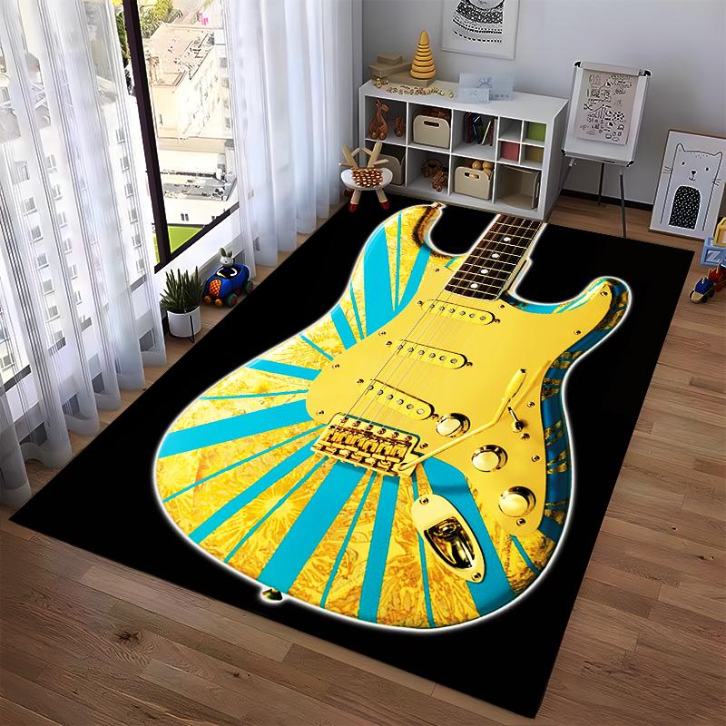 Golden Blue Guitar Design Rug Non-slip rug suitable for living room and bedroom sofas