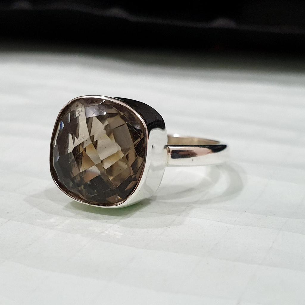 Rose Cut Brown Smoky Quartz 925 Sterling Silver Ring Jewelry