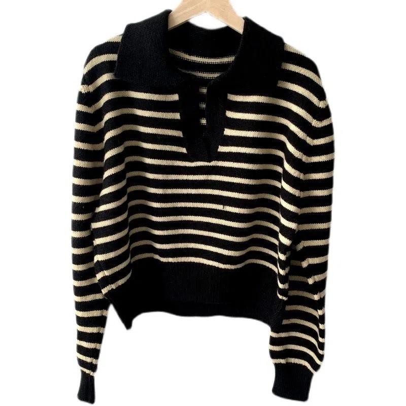 Women V-Neck Stripe Contrast Sweater Autumn Winter Soft Polo Neck Short Pullover Bat Sleeve Sweater