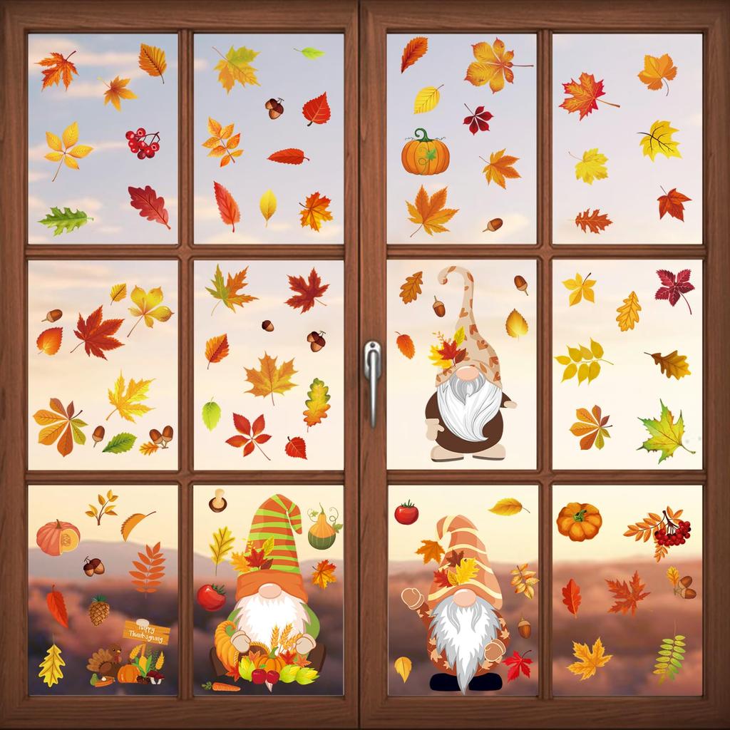 1/2set 6pcs/1set Thanksgiving Fall Window Sticker Fall Leaf Small Dwarf People Festival Scene Stickers Doors Windows Decoration