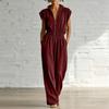 Women V Neck Short Sleeve Jumpsuit Casual Loose Fit Elastic Waist Full Length Romper with Pockets Zipper Front Design