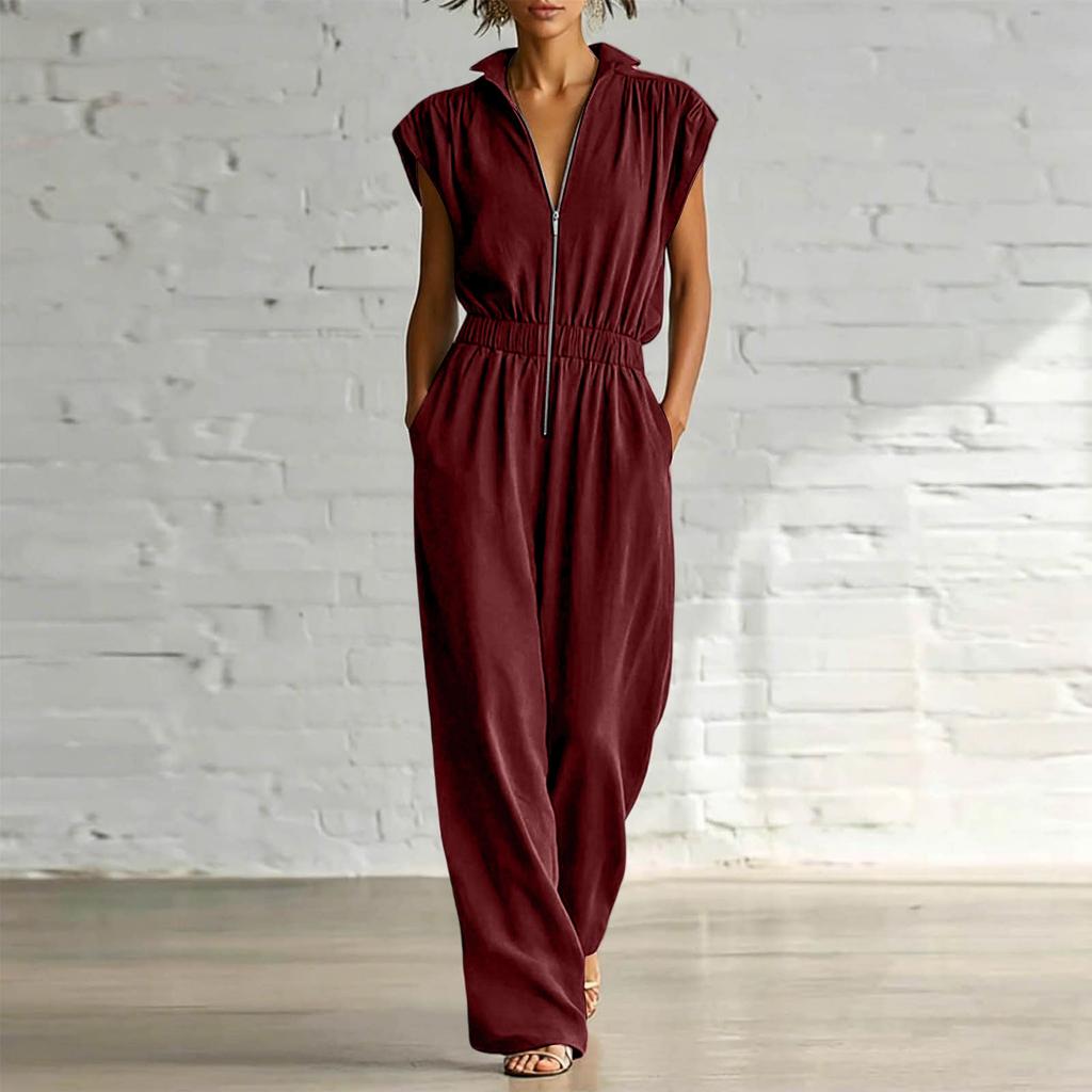 Women V Neck Short Sleeve Jumpsuit Casual Loose Fit Elastic Waist Full Length Romper with Pockets Zipper Front Design