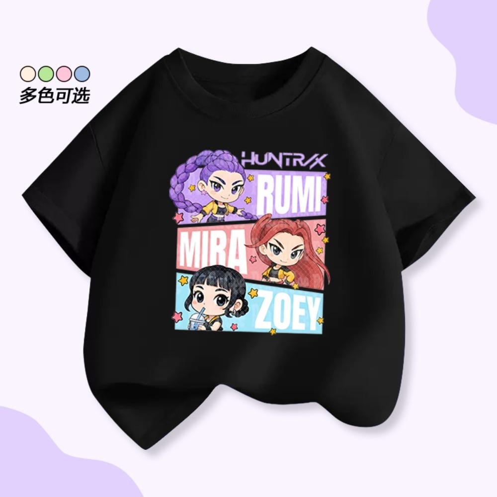 Summer children's 100% cotton short-sleeved Kpop Demon Hunters hunting girl group Mirazoyuriumi cartoon print T-shirt