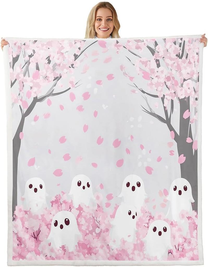 GUOYU Decke Happy Halloween Fleece-Decke Baby Kürbis Geist Feiertags Sherpa-Decke Gotische Fledermäuse Florale Pflanzen Flauschige Plüschdecke für Kinder