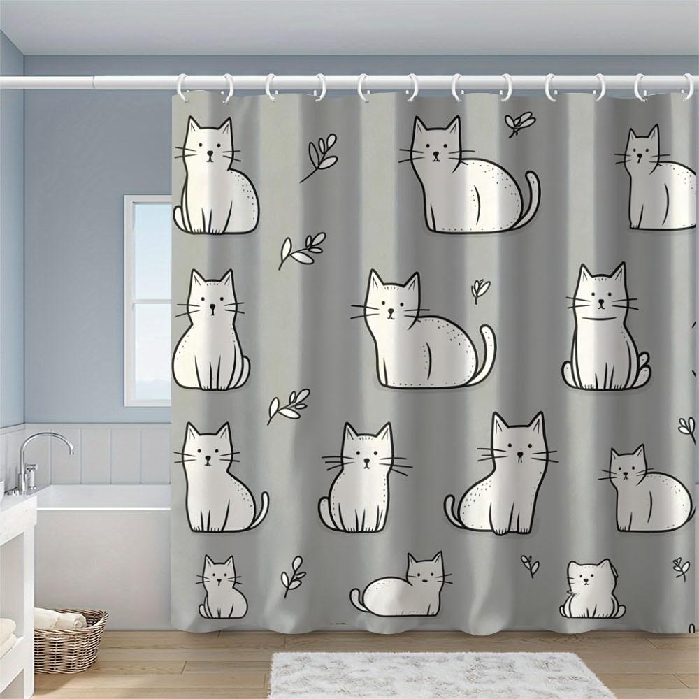 Cute White Cat Pattern Shower Curtain Waterproof Easy To Clean Privacy Protection Print Kawaii Pet Art Design Minimalist 12Hooks