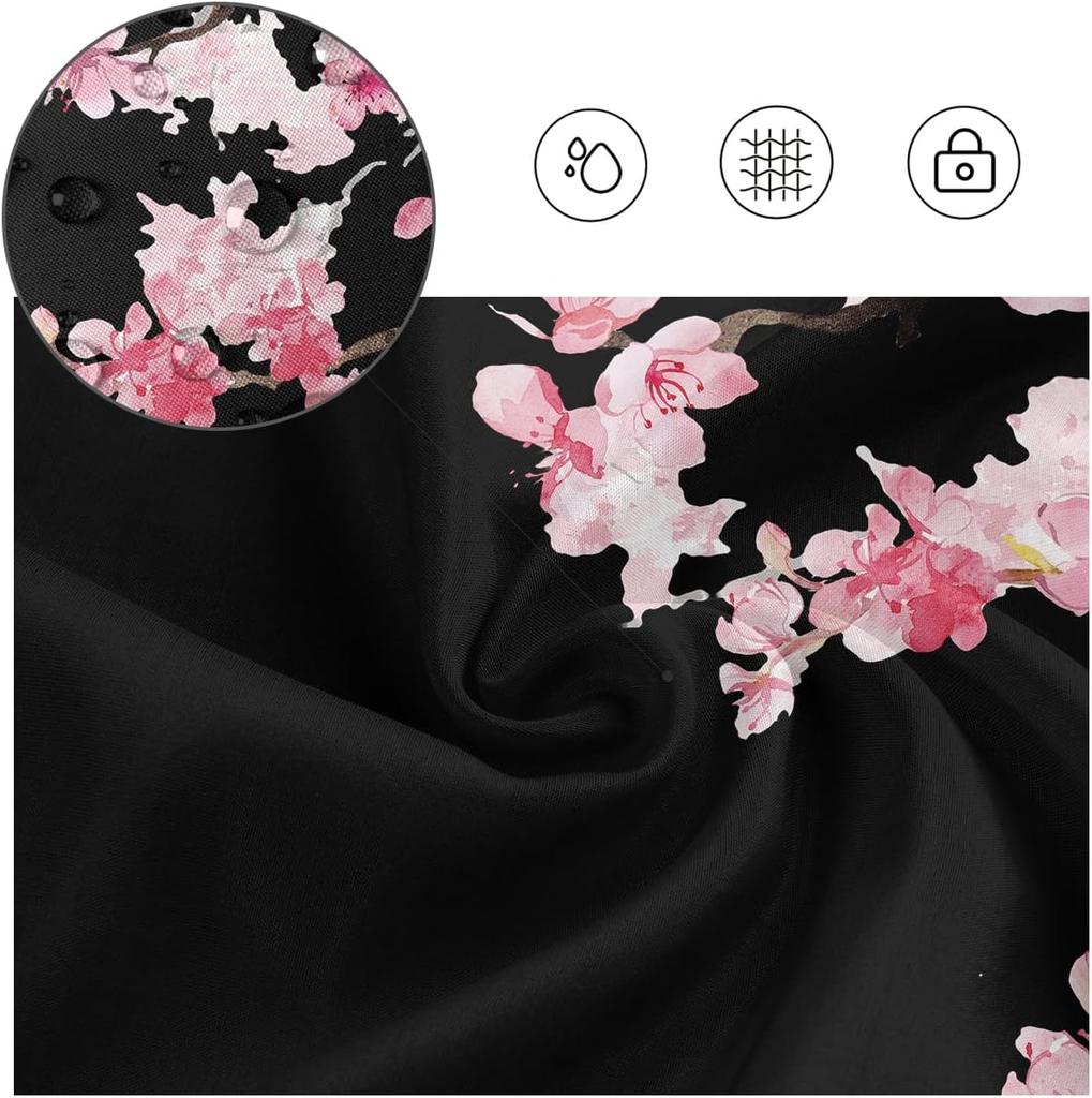 Cherry Blossom Shower Curtain Pink Flowers Black Background Japanese Art Bathroom Decor Waterproof Fabric Elegant Asian Style