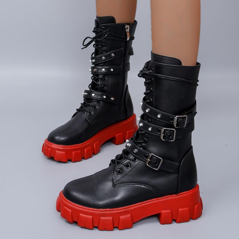 Fashion Luxury Women's Boots Pu Leather Ladies Mid-calf Boots Punk Gothic Biker Boots Side Zip Shoes for Women New Botines Para Mujeres
