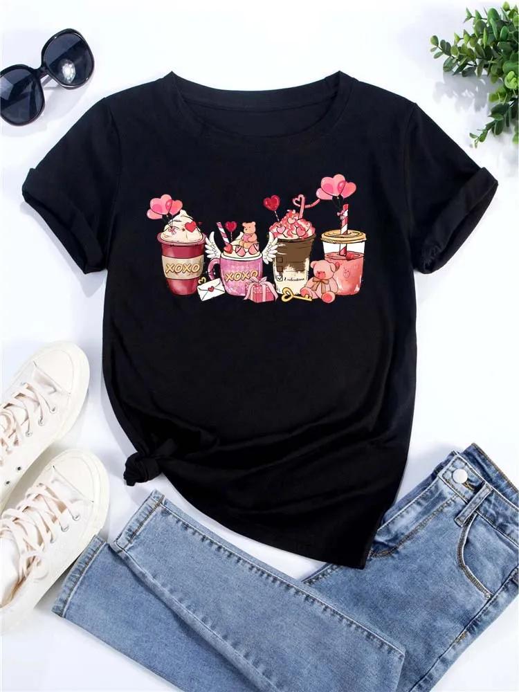 Women's T-shirt Korean Fashion Graphic Cup Print Women's Clothing T-shirts for Valentine's for Lovers Aesthetic Clothes Casual