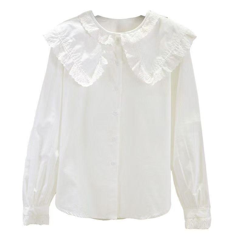 Solid Color Women's Shirt French Style Peter Pan Collar Single Breasted Female Long Sleeved Shirts Spring New Loose Sweet Ladies Front Open Top