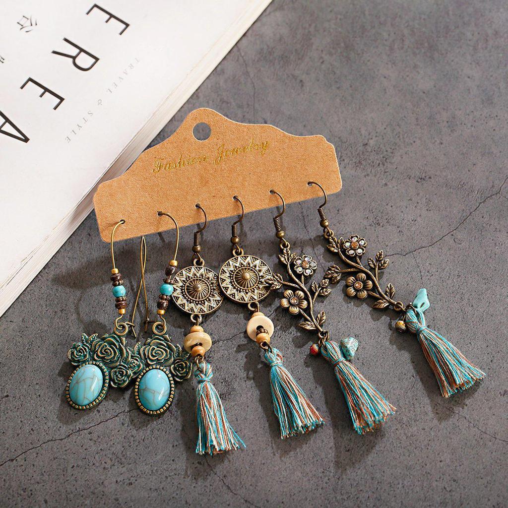 Bohemian Ethnic Retro Earring Set: 3-Piece Hanfu & Nepal Style for Women