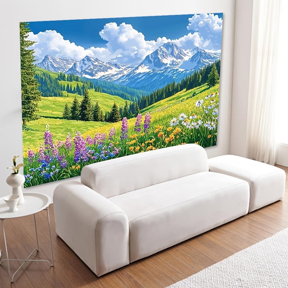 2D Plane, One Vibrant Spring Landscape, Green Grassland, Pine Trees and Forest.