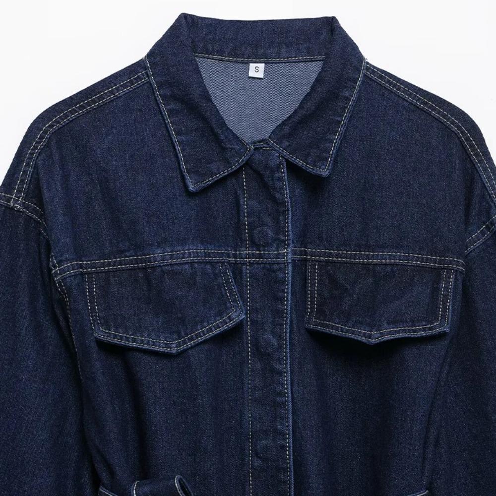 Women Fashion with Belt Denim Blue Single Breasted Jackets Vintage Lapel Neck Long Sleeves Chic Lady Outfits