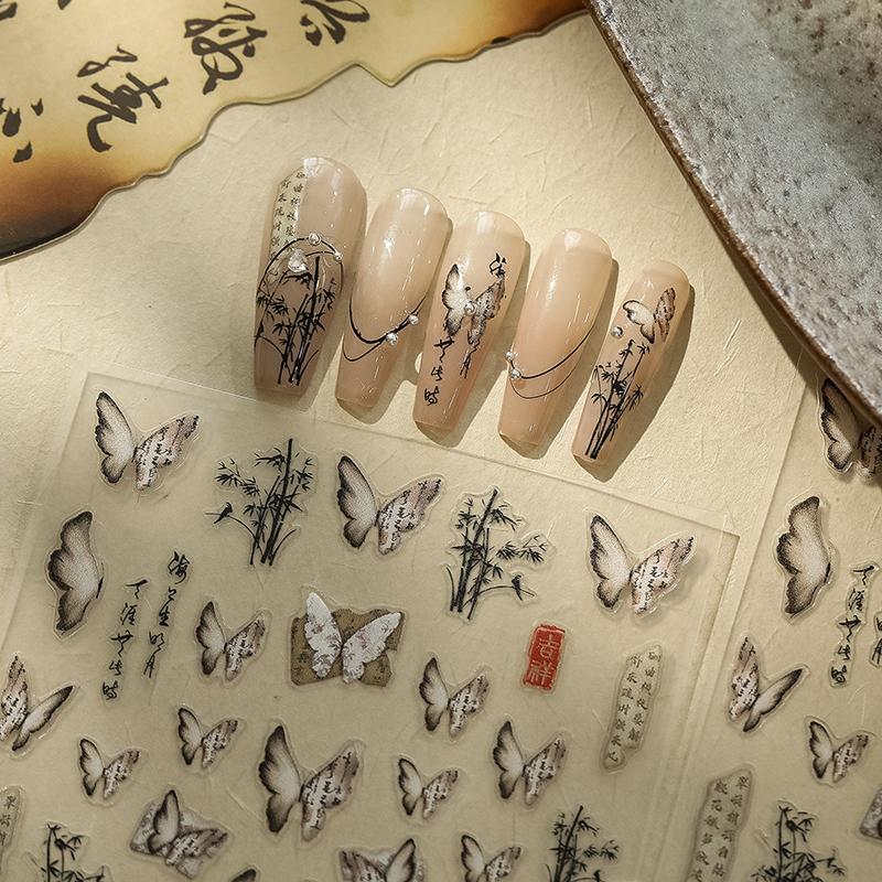 Chinese Style Butterfly Nail Art Sticker Embossed Poetry Ink Bamboo Decals For Nail Art Design Nail Transfer Sliders Diy Decor