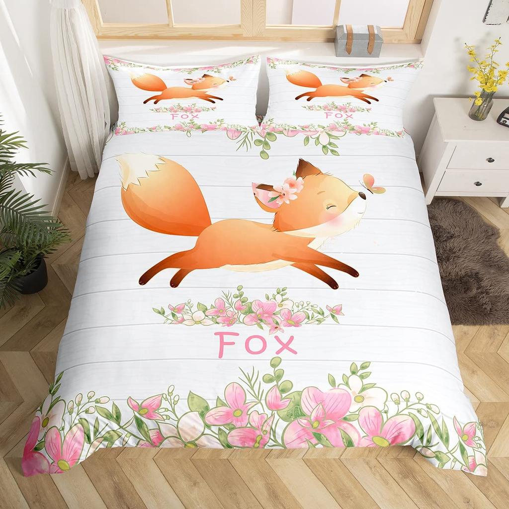Kids Pink Rose Rabbit King Queen Duvet Cover Cartoon Animal Comforter Cover Rose Moon Floral Bedding Set Polyester Quilt Cover