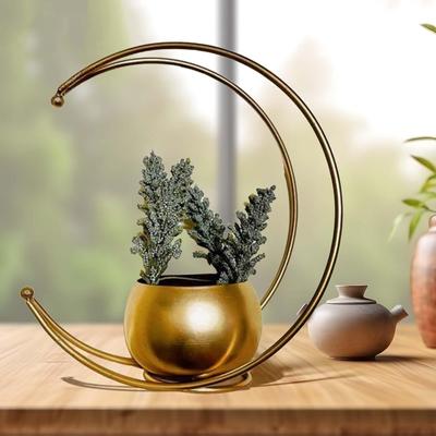 Metal Geometric Design Vase with Gold Finish Pack of 2 - Table Decorative Moon Shape Flower Pot (Size 24 X 24cm)