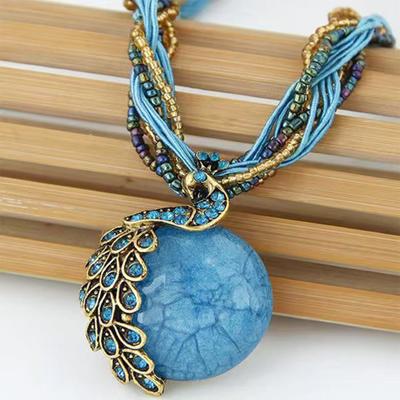 Bohemian  Peacock Gemstone Temperament Women's Retro Rice Bead Necklace Sweater Chain Ethnic  Pendant Woven Rope