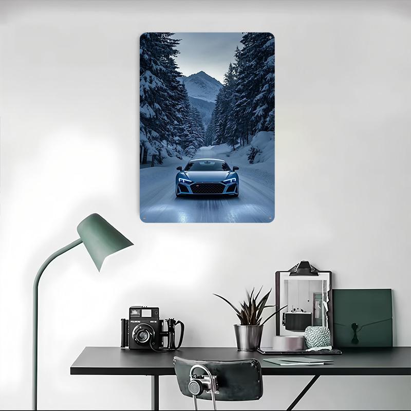 Sports Car R8 In Winter Wonderland Metal Poster Customized Wall Art Retro Vintage Tinplate Signs for Man Cave Office Decoration