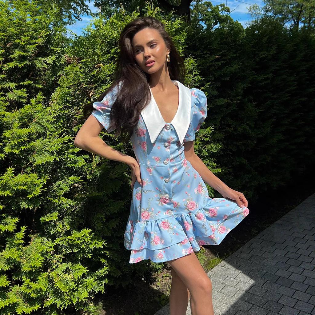 Printed Ruffled Dress V-neck High Waist Pearl Button Dress