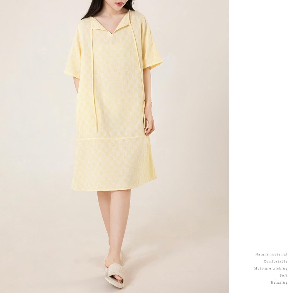 Yes Family Cotton Double Gauze Pajama Check Size Yellow Women's 100% Dress, Knee-Length, Flattering, Stylish, Pattern, XL,
