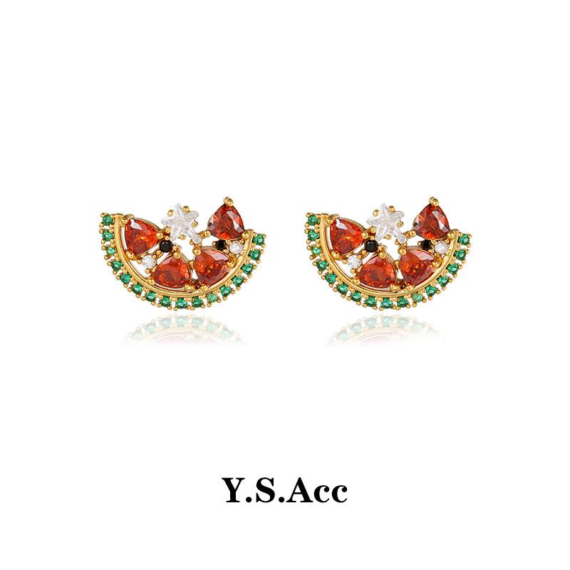 Electroplated Real Gold Zircon Watermelon Stud Earrings Women S 2024 Micro-Inlaid Earrings Light Luxury Temperament Copper Inlaid Earrings [copper cast zircon real gold]