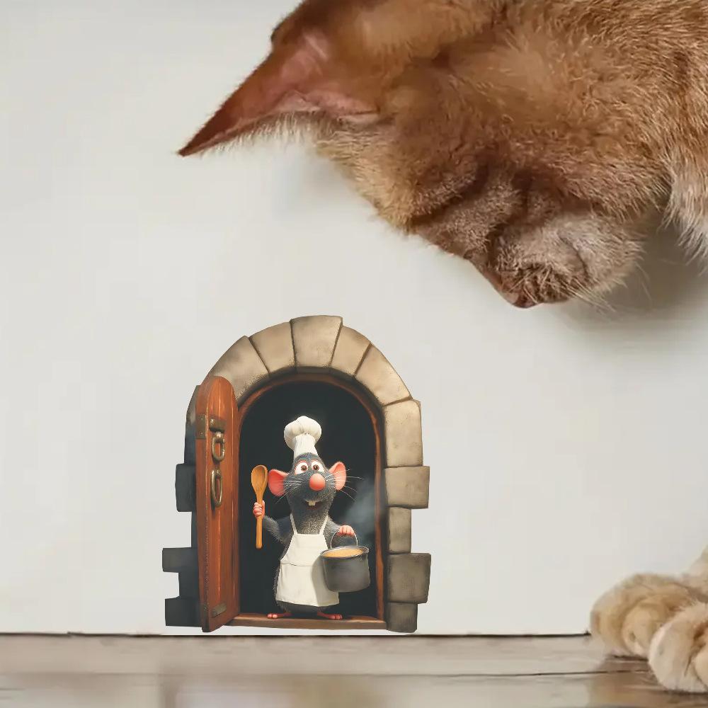 Cartoon Chef Mouse at Mouse Hole Wall Sticker for Kitchen Dining Room Home Decor Self-Adhesive Removable Decal