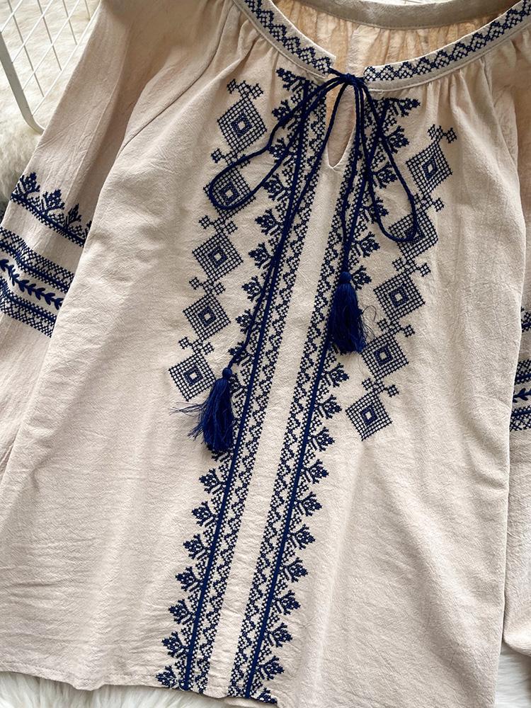 Women's Spring Autumn Shirt New Retro Bohemian Embroidered Lace Up Lantern Long Sleeves Blouse Top