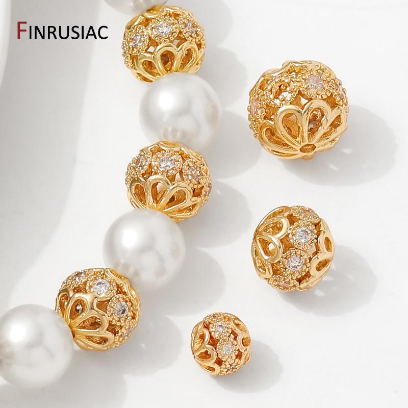 14K Gold Plated Brass Round Hollow Flower Spacer Beads,Separator For Beads,Inlaid Zircon Beads For DIY Jewelry Making Supplies
