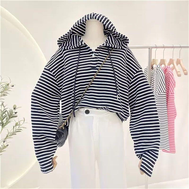 Kapuzensweatshirt Damen Dünn Locker Übergröße Mode Gestreifte Jacke Sport Strickjacke