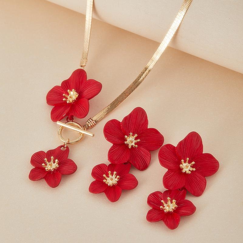 Romantic Double Layer Red Flower Pendant Necklace Earring Set Women Exaggerated Personality Girl Fashion Zircon Party Gift