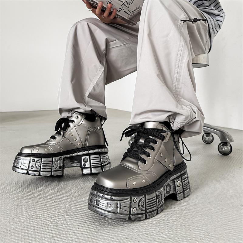 2025 New Trendy Men's Boots Heavy Metal Platform Low-top Punk Small Leather Shoes Dark Locomotive Boots 561201-J