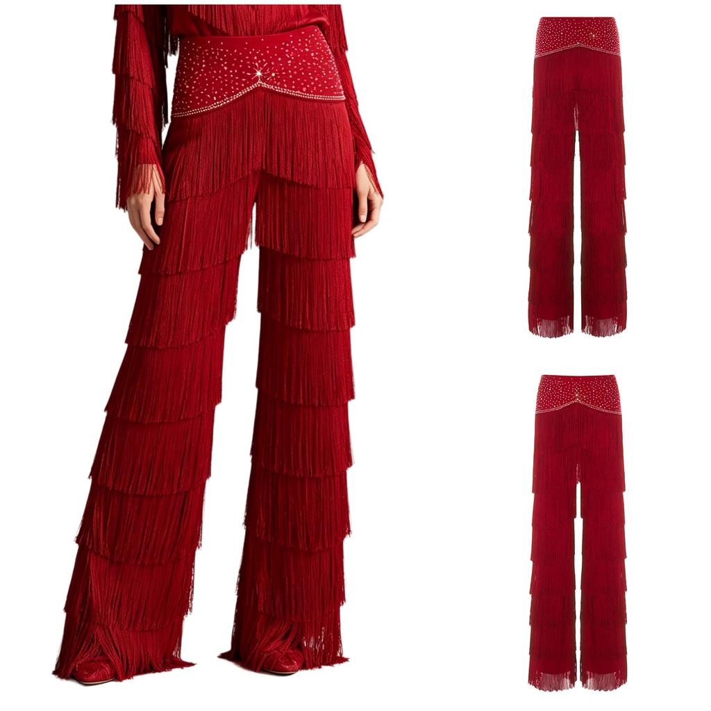 Pantaloni da Donna Latini Tango con Frange Vita Strass Strati Nappe Gamba Dritta per Cha-cha Rumba Allenamento Competizione Sala da Ballo