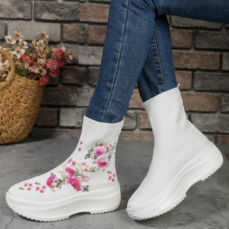 fashion Women's Shoes on Sale 2024 New Elastic Fabric Women's Boots Autumn Round Toe Breathable Mesh Shoes Ladies Flat Middle Tube Boots