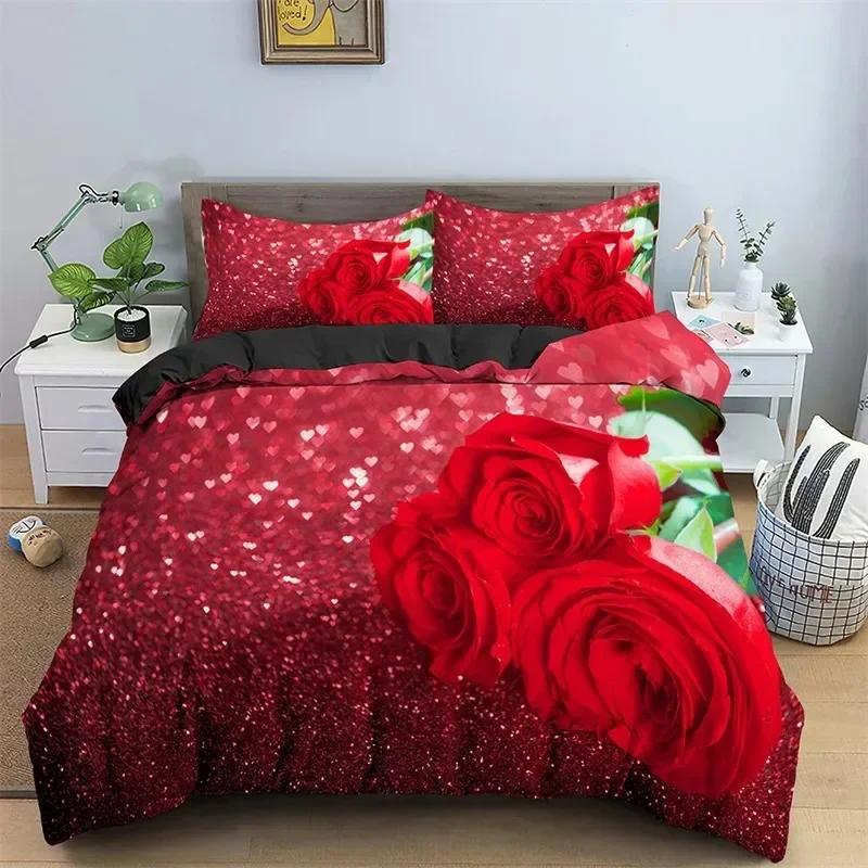3D Print Floral Red Rose Romantic Flowers Valentine's Day Comfortable Duvet Comfortable Quilt Cover Pilowcase Beding Set Children Bedrom