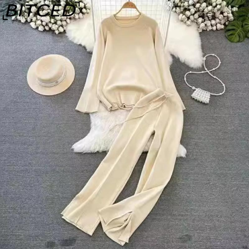 BITCED Fashionable Women's Spring and Autumn Long-sleeved, Round-neck, Loose Knitted Sweater, Two-piece Set, High-waisted, Straight-leg Wide-leg Pants