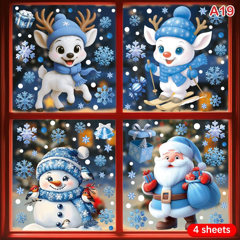 Christmas Blue Snowman Window Stickers Santa Claus Bird Snowflake Elk Ornaments Merry Christmas 2025 Happy New Year 2026