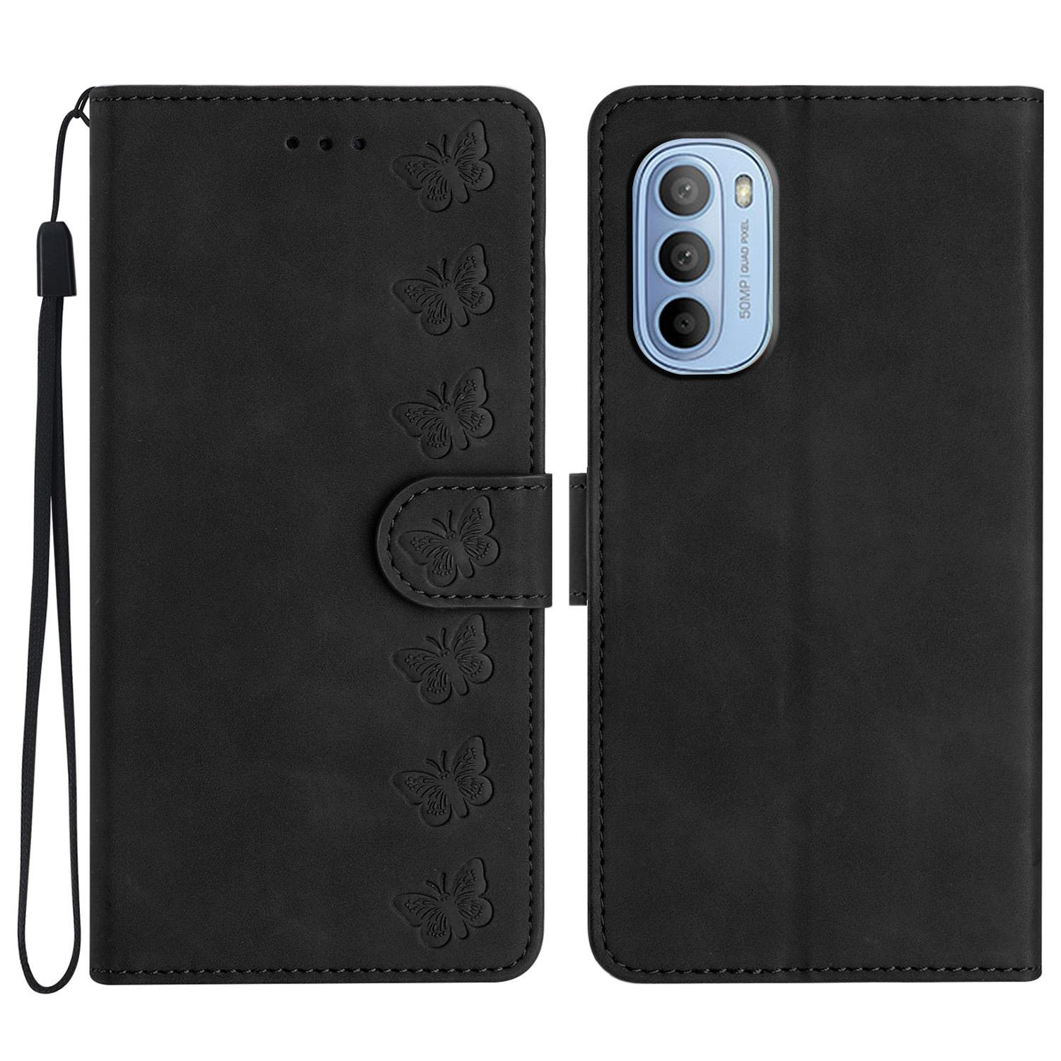 

For Motorola Moto G52 4G/G82 5G PU Leather Butterfly Imprinted Stand Shell Wallet Phone Case Black
