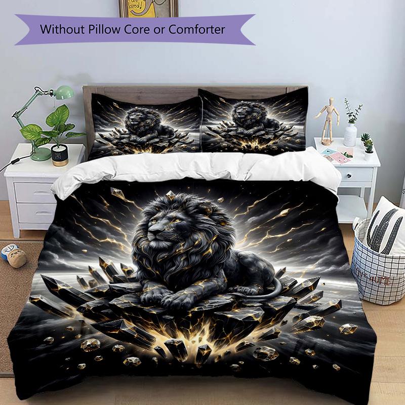 3pcs Emerging Lion Printed Quilt Set - Soft and Comfortable Quilt Cover for Bedroom, Guest Room and Dormitory