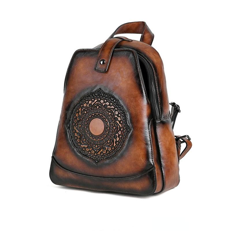 Johnature Vintage Totem Geprägter Rucksack, vielseitige Damen-Ledertasche, einfarbig, große Kapazität, Reiserucksäcke